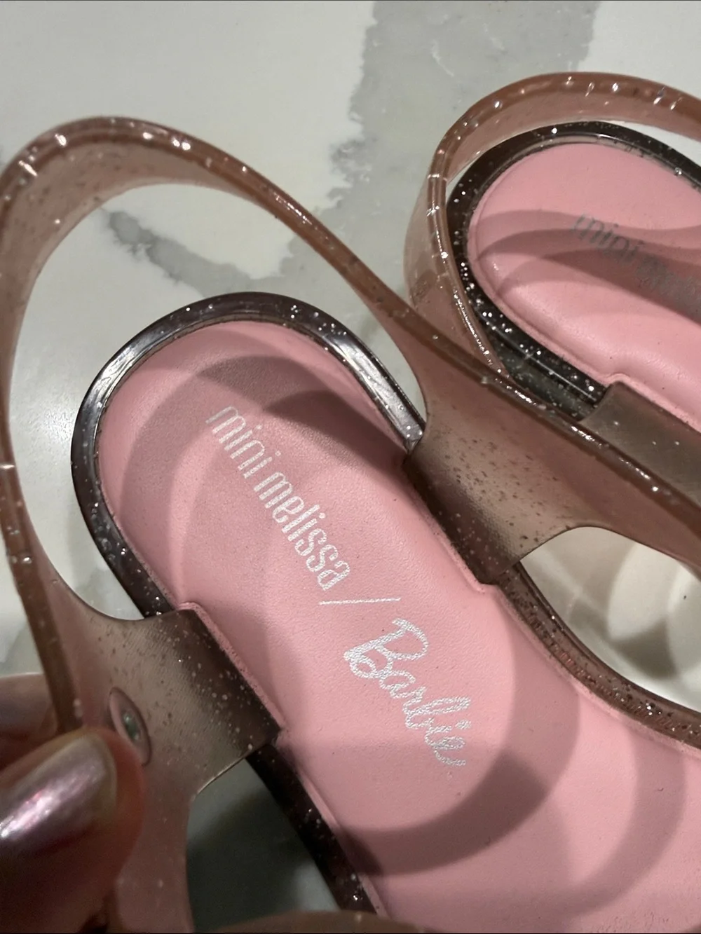 Mini Melissa Pink Glitter Heart Jelly Sandals with Rose-Tinted Straps